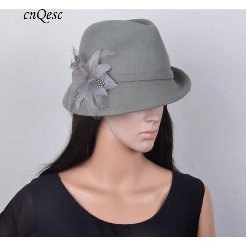 Exclusive design Dark gray 100% Wool felt hat warm winter hat Royal wedding fedora with feather flower
