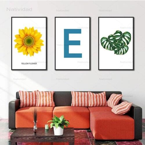 Modern Frameless Canvas Painting Yellow Flower Green Leaves and The Letter of E Wall Art Pictures for Art Galleries Decor