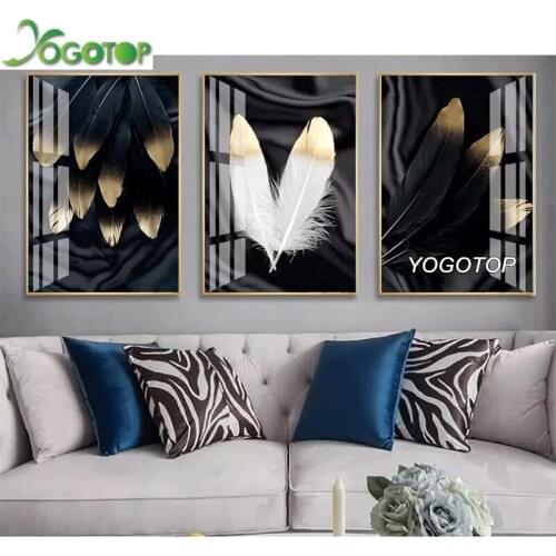 Triptych diamond Embroidery black and White Art Gold Feather Diy Diamond Painting Full Drill mosaic Wall Decor 3pcs ML1274