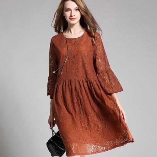 Spring autumn new Plus size A-line Lace dresses Crew Neck 3/4 sleeve casual Elegant dress Oversize womens clothing L to 4XL