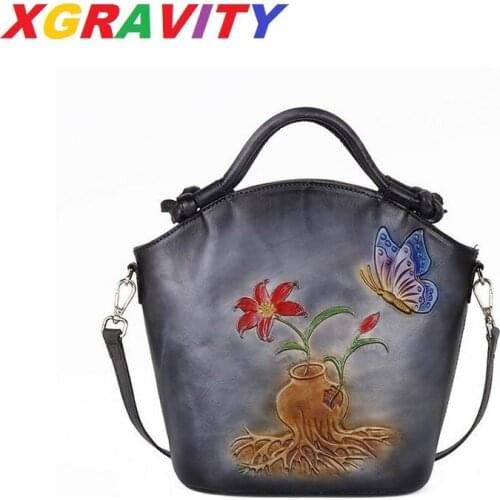 XGRAVITY New Fashion Branded Ladies Tote Bags Elegant Cow Genuine Leather Cross Body SHoulder Handbags Flower Bag Women Bags Hot