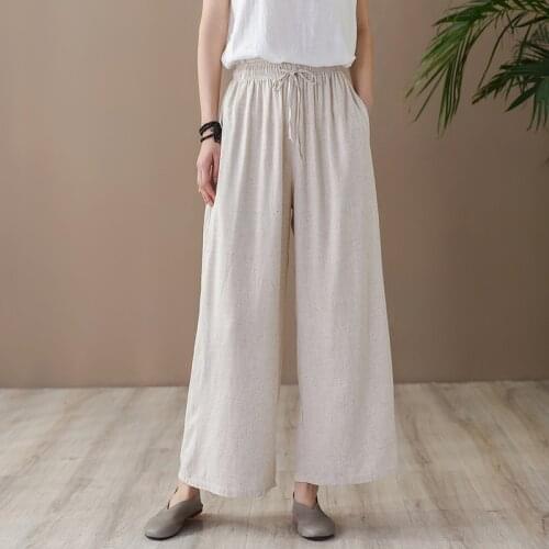 Women Loose Elastic Waist Solid Color Wide Leg Pants Ladies Vintage Wide Leg Trousers 2020 Summer Pants