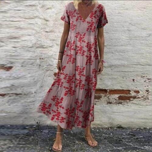 Women Sundress Bohemian Floral Print Beach Maxi Dress Vintage V Neck Short Sleeve Oversized Dresses Femme Kaftan Vestido