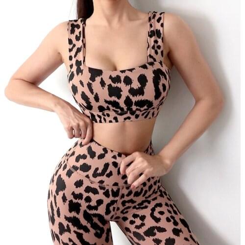 Women Sport Boob Tube Top Padded Yoga Bra Fitness Leopard Print Sportswear Widen Shoulder Straps Workout Gym Wear