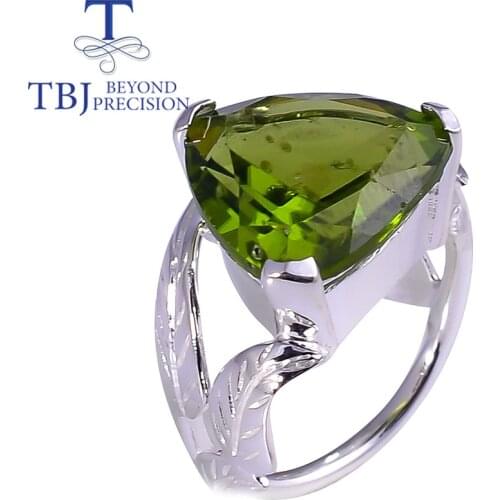 TBJ Big size 13.8ct Peridot women Ring natural Trillion shape inclusion gemstone fine handmade jewelry 925 sterling silver