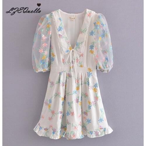 2021 Women Ruffles V Neck Lace Patchwork Embroidery Mini Dress Holiday Beach Sundress Puff Sleeve Party Dresses Vestidos NZ3790