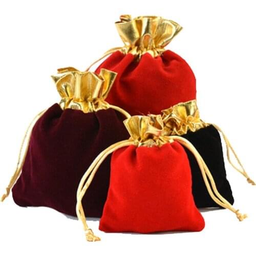100pcs/batch Velvet Jewelry Packaging Bag Red and Gold Drawstring Gift Bag Black and Gold Storage Bag