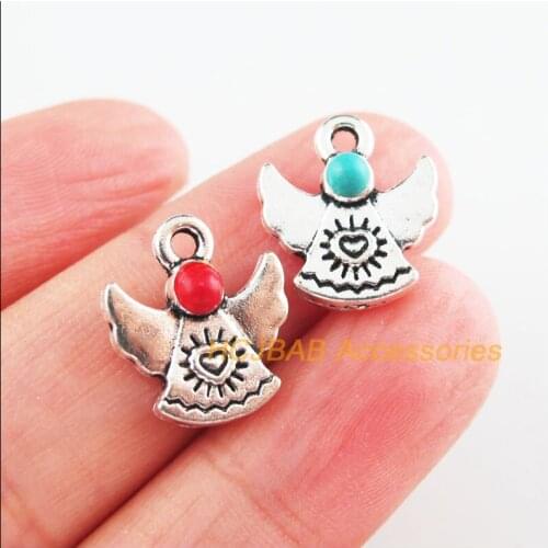 15 New Angel Charms Tibetan Silver Tone Red & Blue Stone Flower Heart Pendants 13.5x15mm