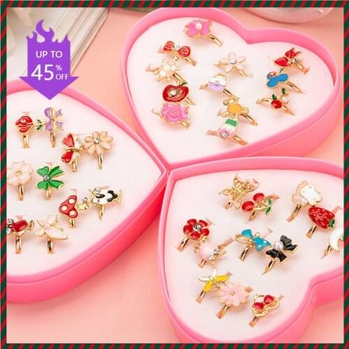 12Pcs Cute Cartoon Kids Rings Flower Animal Fruit Adjustable Sweet Child Girls Rings With Heart Box Children Gifts Jewelry