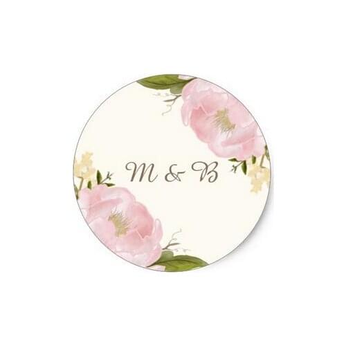 3.8cm Vintage Pink Peonies Wedding Monogram Sticker