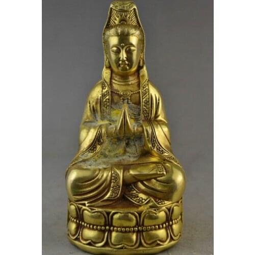 4.93" Elaborate Chinese old Brass Efficacy Kwan-yin Prayer Bring Luck Auspicious Statue