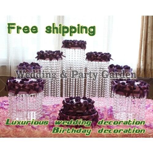 Free Shipping 7pcs Crystal Clear Round Crystal Wedding Cake Stand Wedding Birthday Centerpiece Luxury birthday cake decoration