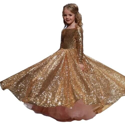 Kids Dresses For Party Wedding Dress Gorgeous gold Sequins Children Pageant Gown Girls Princess Dress Toddler Girl Clothing