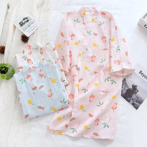Summer Kimono Bathrobe Long Sleeve Cotton Robes Cartoon Sleep Wear V-neck Loose and Cute Sleepwear Bath Robe Women Robe