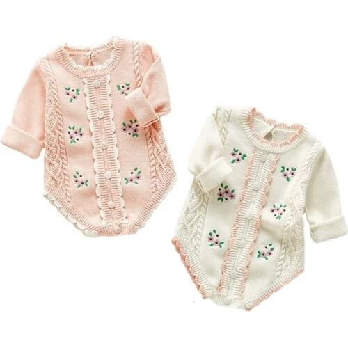 Ruffle Baby Girl Newborn Rompers Autumn Baby Girl Rompers Girl Long Sleeves Knit Flowers Embroider Rompers Clothes Princess