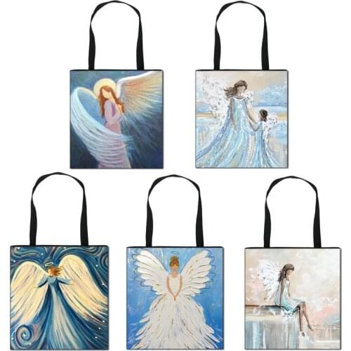 Beautiful Oil Painting Love Angel Wedding Girls Print Tote Bag Women Portable Big Capacity Large Shopping Bags Gift