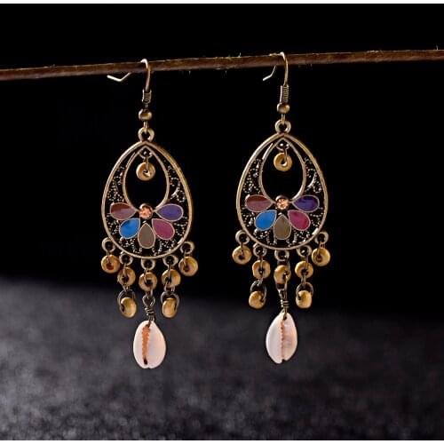 Indian Style Oil Drops Shell Pendant Fashion Earrings Multicolor Flowers Big Circle Personality Jewelry