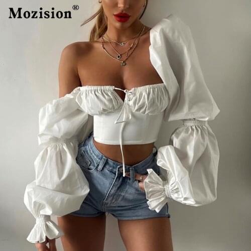 Mozision Autumn Fashion Elegant French Romantic Floral Puff Sleeve Square Collar Women Blouses New White Chiffon Shirt Sexy