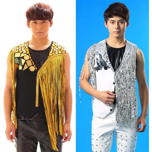 2016 Fashion New Nightclub Male Gold silver Tassel Vest costume Party show stage performance wear male Ds Dj Suit Vest
