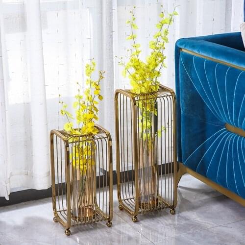 Luxury Gold Rectangular Cage Shape Floor Flower Pot Art Metal Vase Tabletop Green Plant Dried Flower Pot Home Office Hotel Decor