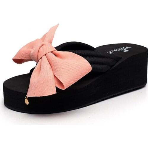 Summer Womens Bowknot Sandals Indoor Beach Shoes Womens Shoes Outdoor Slope Heels Soft Casual Flower Slippers Thick Flip Flops