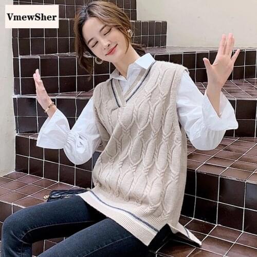 VmewSher Twist Fashion Knitted Vest Women Sleeveless Sweater Casual Korean Pullover Spring Autumn Elegant V-Neck Tank Jumper Top