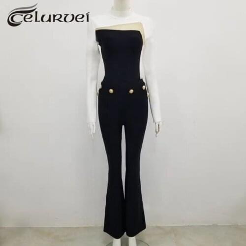 High Quality Sexy Black White Long Sleeve 2 Pieces Set Bodycon Rayon Bandage Fashion Outfits