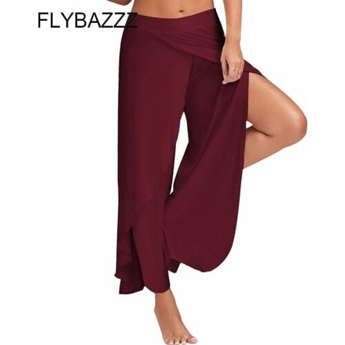 Women Sexy Side Split Wide Leg Pants High Waist Elastic Breathable Quick Dry Running Fitness Dancing Yoga Pants Plus Size S-5XL