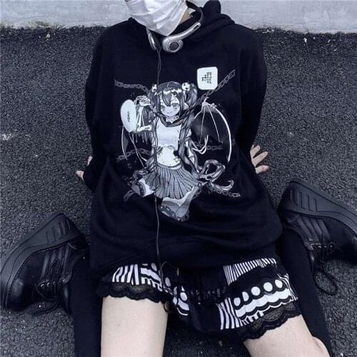 Women Japanese Anime Print Hoodie Kawaii Sweatshirt Punk Long Sleeve Cute Vintage Dropshipping Korean Style Y2K Gothic Clothes