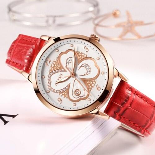 Female Quartz Watchs Breathable Leather Strap Elegant Four Leaf Grass Ultra Thin Quartz Womens Watch 5188