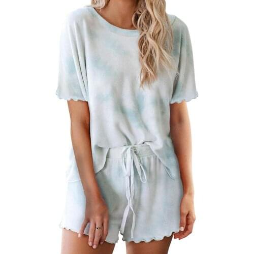 Two Piece Set Streetwear Women Short Sleeve T-shirt Drawstring Lacing Shorts Tie Dye Homewear Set Outfits Nightwear