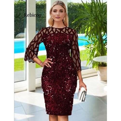 Rebicoo Elegant Women Sequins Mesh Plaid Sexy Night Club Party Bandage Bodycon Dresses Femme Casual O Neck Fashion Pencil Dress