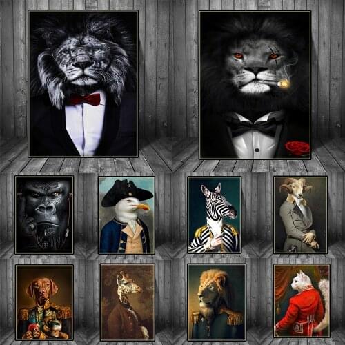 Animals in a Suit Modern Art Canvas Posters Prints Count Goat Smoke Lion Classical Paintings Cuadros Wall Art Picture Home Decor