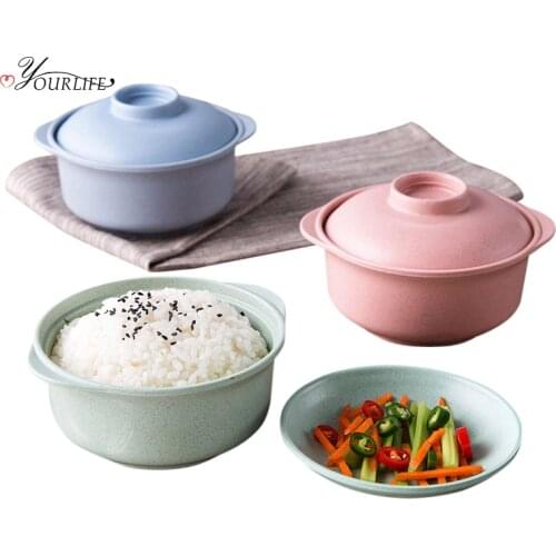 OYOURLIFE 1pc Natural Eco-friendly Wheat Straw Bowl With Cover kitchen Soup Noodle Rice Bowl Fruit Salad Bowls kitchen Tableware