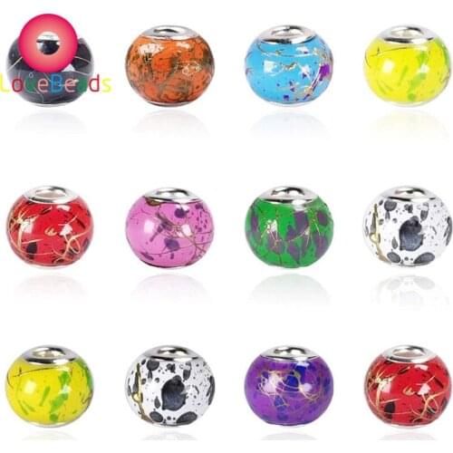 10Pcs 16mm Round Loose Glass Flower Art Big Hole European Beads Fit Pandora Bracelet Necklaces Snake Chain Spacer Jewelry Beads
