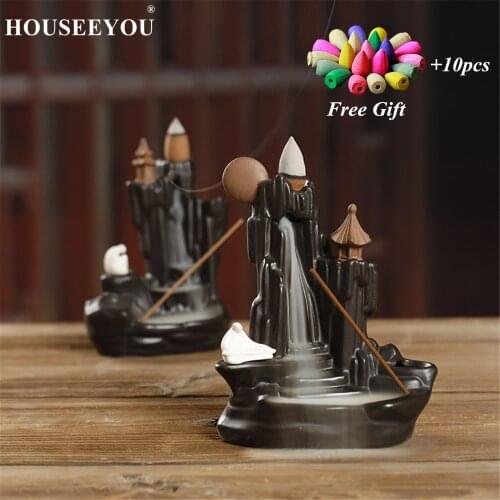 10Pcs Incense Cones + Backflow Incense Burner Stick Holder Sunset Mountain Crafts Waterfall Aromatherapy Censer Zen Room Use