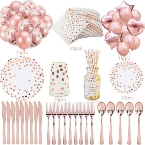 135pcs/Lot Rose Gold Paper Cup Paper Tableware Disposable Set Dinner Plate For Birthday Party Decoration Anniversaire Supplies