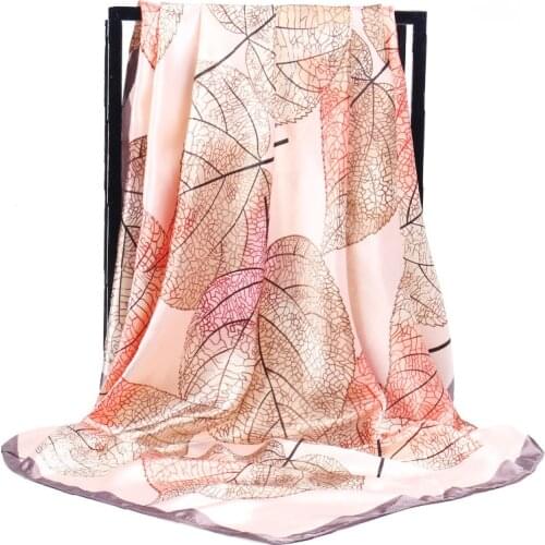 2020 Fashion Leaf Silk Scarf for Women Foulard Soft Satin Shawl Leopard Print Hair Neck 90*90cm Square Neckerchief Scarves Hijab