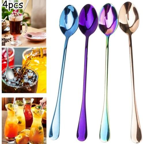 4Pcs Colorful Ice Spoon Coffee Spoon Tea Cafe Scoop Long Handle Spoons Dinnerware Flatware Coffee Drinking Tools Kitchen