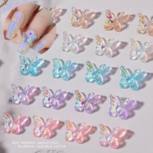 50Pcs Aurora Double-Butterfly Resin Charm 3D Cute Nail Decors 11*8mm 5 Color Designs For Nails Tips Press On Decorations Q406(H)