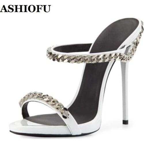 ASHIOFU Handmade Hot Sale Womens High Heels Slipper Sexy Metal Chains Slides Sandals-shoes Sexy Evening Fashion Slippers Shoes