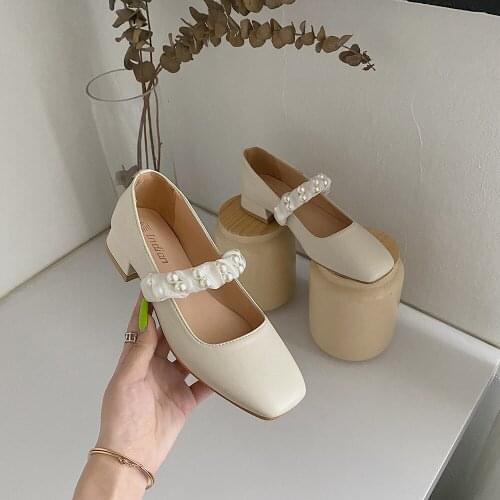 Vintage Pearl Shallow Mouth Shoes Women Sandals 2021 Summer New Thick Heel Square Toe Mary Jane Shoes Ladies