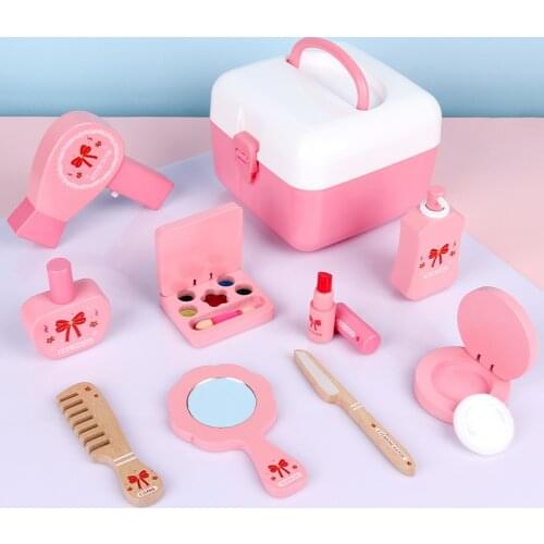 Children Wooden Simulation Beauty Makeup Salon Pretend Toys Simulation Play House Dresser Girl Princess Cosmetics Bag Set Gift