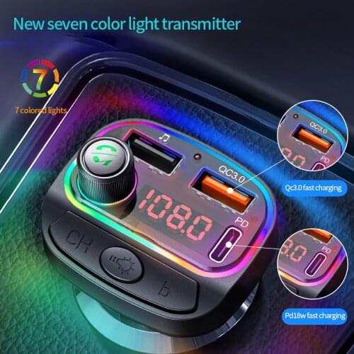 Bluetooth 5.0 FM Transmitter Adapter Colorful Car Mp3 Player Handsfree Calling Dual USB Port with QC 3.0 PD/Type C Fast Charger
