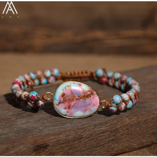 Classic Women Natural Stone Heart Charms Wristband Bracelet Sea Sediment Jasper Beads Bracelet Teengirls Jewelry Gift Dropship