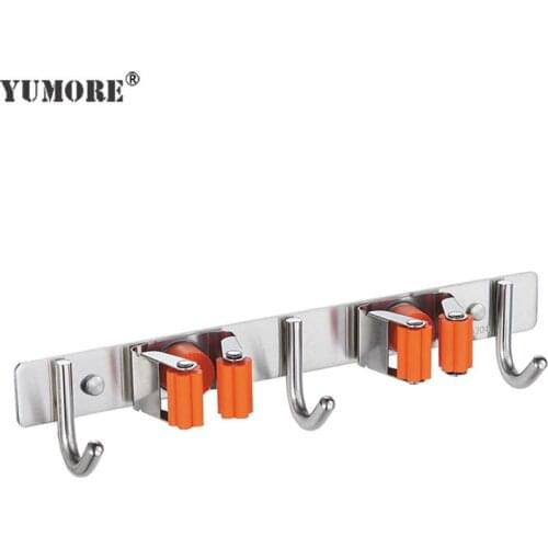 YUMORE Multifunctional Mop Rack Stainless Steel Wall Mounted Storage Rack Mop Holder With Hooks Bathroom Hanger