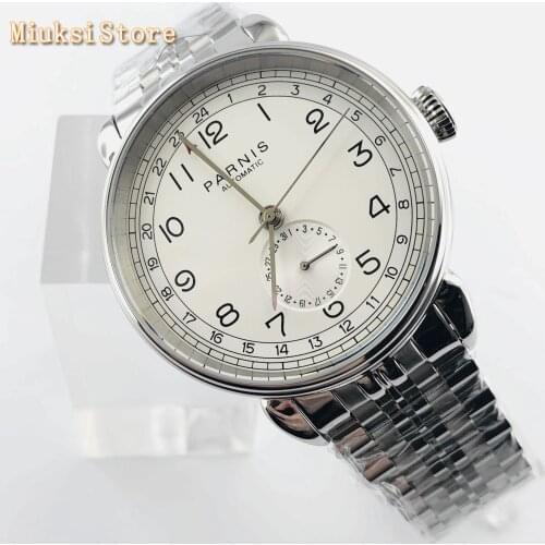 Parnis 2019 new top mens automatic mechanical watch 42mm silver case GMT arab mark date window Stainless steel strap mens watch