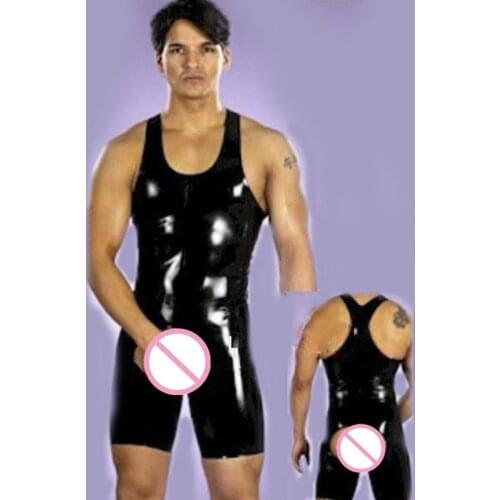Men Black PVC Latex Wetlook Bodysuit Bodycon Open Crotch Zipper Faux Leather Catsuit Sexy Nightclub Jumpsuit Gay Male Costume