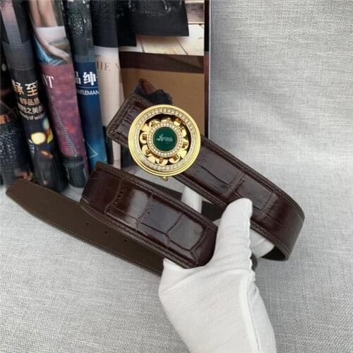 Authentic Exotic Crocodile Belly Skin Revolving Buckle Mens Waist Belts Genuine Real Alligator Leather Green Crystal Male Strap