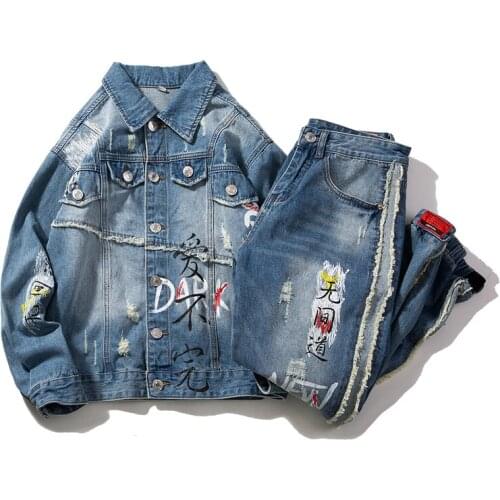 Hole Sets Tracksuit Men Autumn Winter Blue Letter Printed Distressed Outfit Sportswear 2019 Male Suit Jeans Two Piece Set Casual